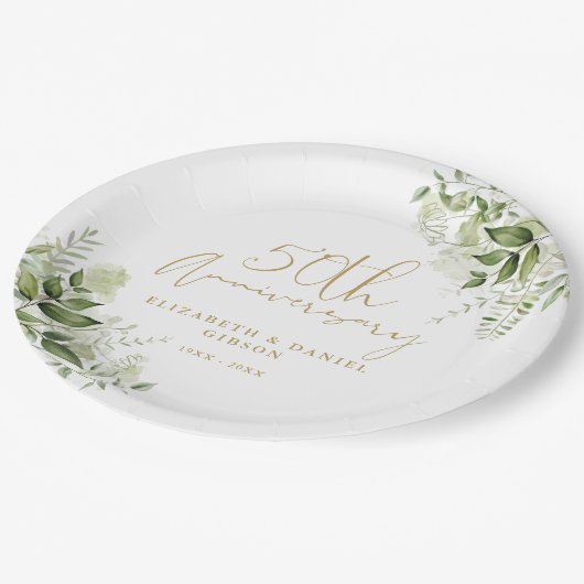 50th Wedding Anniversary Greenery Gold Script Pappteller (Schrägansicht)