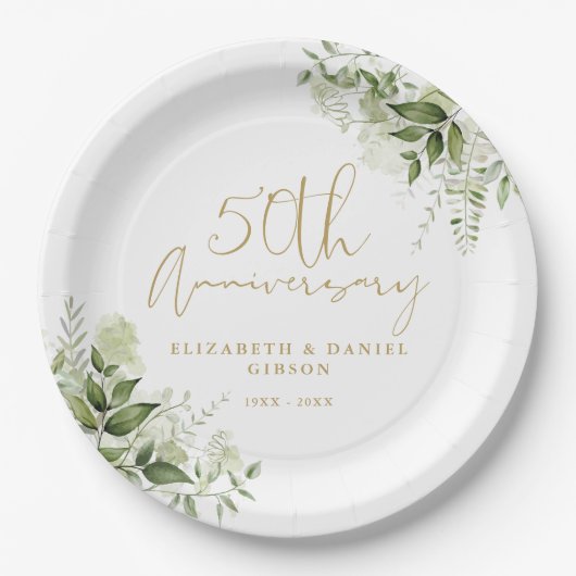 50th Wedding Anniversary Greenery Gold Script Pappteller (Vorderseite)