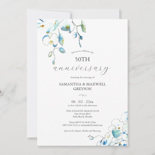 50th Wedding Anniversary Invitations Blue Flowers Einladung (Vorderseite)