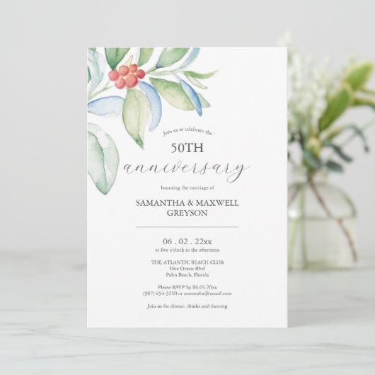 50th Wedding Anniversary Invites Festive Greenery Einladung (Stehend Vorderseite)
