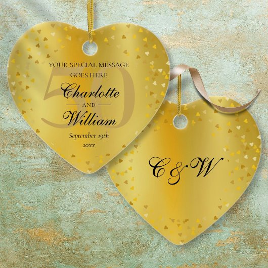 50th Wedding Anniversary Monogram Gold Hearts Keramik Ornament