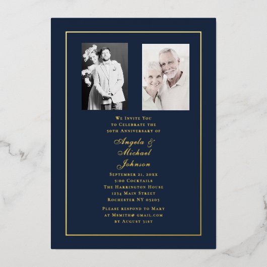 50th Wedding Anniversary Navy Gold Border   Folieneinladung (Vorderseite)