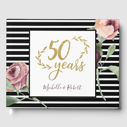 50th Wedding Anniversary Red Rose Gold Glitter Gästebuch (Vorderseite)