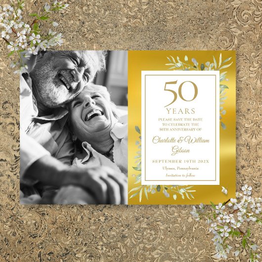 50th Wedding Jubiläum Greenery Gold Foil Foto Save The Date