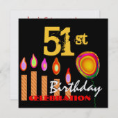 51. Birthday Gold Candles und Balloon Metallic Einladung (Vorne/Hinten)