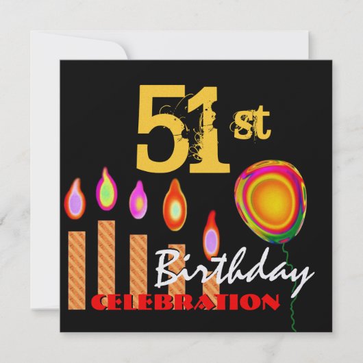 51. Birthday Gold Candles und Balloon Metallic Einladung (Vorderseite)