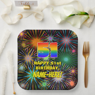 51. Geburtstag: Bunte, lustige feierliche Feuerwer Pappteller