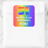 51. Geburtstag: Farbiges, lustiges Regenbogenmuste Quadratischer Aufkleber (Tasche)