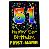 51. Geburtstag: Farbiges Sternmuster und Regenboge Mittlere Geschenktüte (Vorderseite)