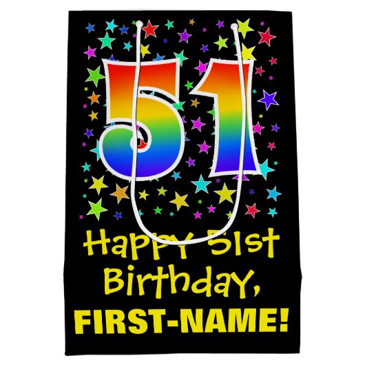 51. Geburtstag: Farbiges Sternmuster und Regenboge Mittlere Geschenktüte (Rückseite)