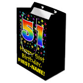 51. Geburtstag: Farbiges Sternmuster und Regenboge Mittlere Geschenktüte (Rückseite Schrägansicht)