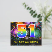 51. Geburtstag - Fun Fireworks Pattern + Regenboge Postkarte (Stehend Vorderseite)