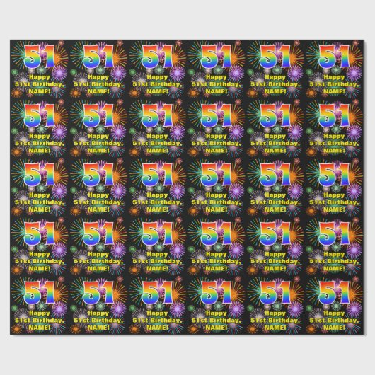 51. Geburtstag: Fun Fireworks, Rainbow Look # "51" Geschenkpapier (Flach)