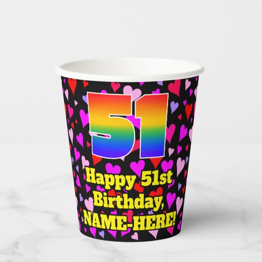 51. Geburtstag: Loving Hearts Pattern, Regenbogen Pappbecher (Vorderseite)