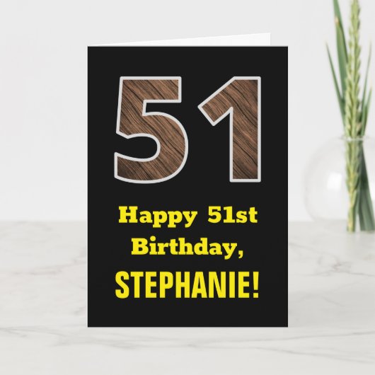 51. Geburtstag: Name, Imitate Holzkörnchen Muster  Karte (Vorderseite)