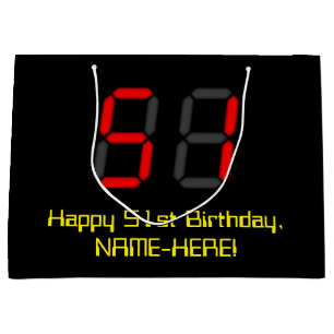 51. Geburtstag: Red Digital Clock Style "51" + Nam Große Geschenktüte