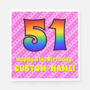 51. Geburtstag: Rosa Streifen & Herz, Regenbogen # Serviette
