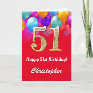51. Geburtstag Rot und Gold farbige Ballons Karte