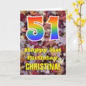 51. Geburtstag; Rustikale Herbstblätter; Regenboge Karte (Gelbe Blume)