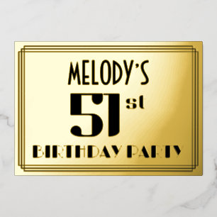 51. Geburtstagsfeier: Art Deco-Look „51“ und Name Folieneinladung