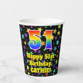 51st Birthday: Fun Stars Pattern and Rainbow 51 Pappbecher (Vorderseite)