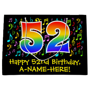 52. Geburtstag - Farbige Musiksymbole, Regenbogen Große Geschenktüte