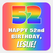 52. Geburtstag: Farbiges, lustiges Regenbogenmuste Quadratischer Aufkleber (Vorderseite)