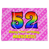 52. Geburtstag: Rosa Streifen & Herz, Regenbogen # Große Geschenktüte (Vorderseite)
