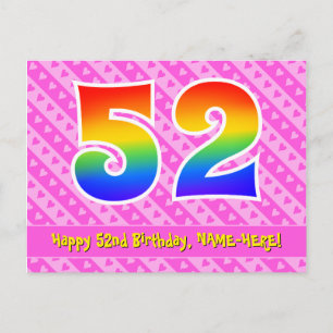 52. Geburtstag: Rosa Streifen & Herzen, Regenbogen Postkarte