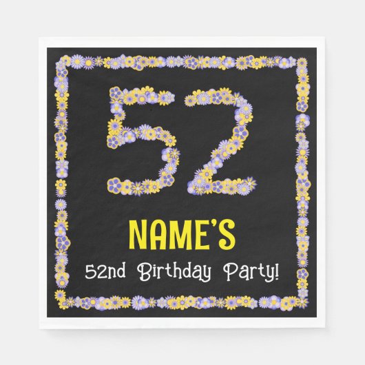 52nd Birthday: Floral Flowers Number, Custom Name Serviette (Vorderseite)