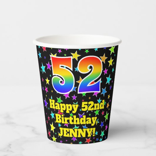 52nd Birthday: Fun Stars Pattern and Rainbow 52 Pappbecher (Vorderseite)