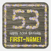 53. Geburtstag: Blumennummer, Imitate Holzbild, Na Quadratischer Aufkleber (Vorderseite)