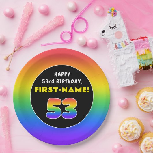 53. Geburtstag: Farbenfroher Regenbogen # 53, Indi Pappteller (Party)