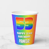 53. Geburtstag: Farbiges, lustiges Regenbogenmuste Pappbecher (Rückseite)
