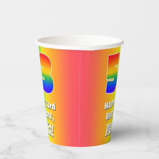 53. Geburtstag: Farbiges, lustiges Regenbogenmuste Pappbecher (Rechts)