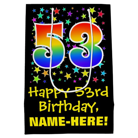 53. Geburtstag: Farbiges Sternenmuster & Regenboge Mittlere Geschenktüte (Rückseite)