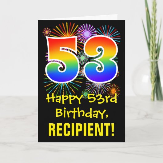 53. Geburtstag: Fun Fireworks Pattern + Rainbow 53 Karte (Vorderseite)