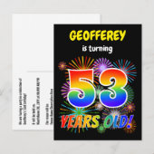 53. Geburtstag - Fun Fireworks, Regenbogen Look "5 Postkarte (Vorne/Hinten)