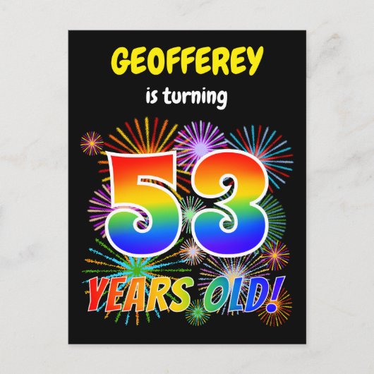 53. Geburtstag - Fun Fireworks, Regenbogen Look "5 Postkarte (Vorderseite)