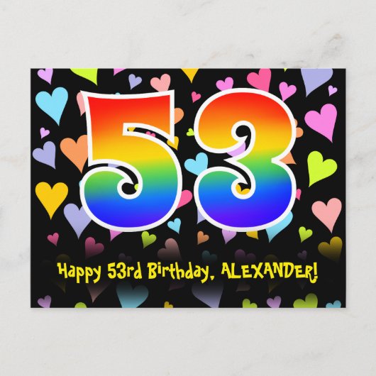 53. Geburtstag: Lustiges Herzen-Muster, Regenbogen Postkarte (Vorderseite)