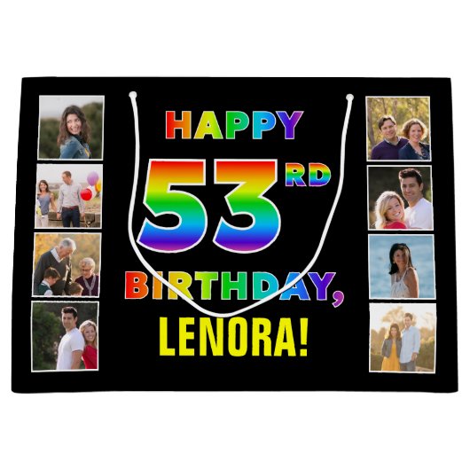 53. Geburtstag: Regenbogentext, benutzerdefinierte Große Geschenktüte (Vorderseite)