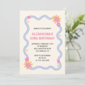 53. Geburtstags-Einladung Retro Groovy Blue Blumen Einladung (Stehend Vorderseite)