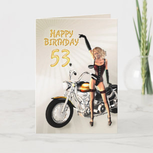 53. Geburtstagskarte mit einem Motorradmädchen Karte