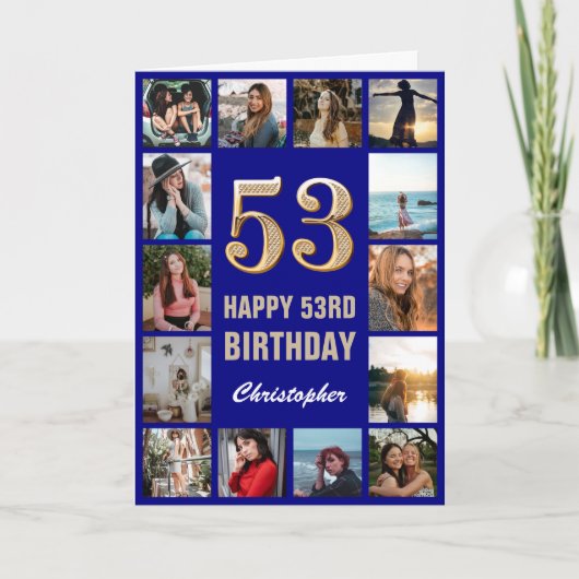 53. Happy Birthday Navy Blue & Gold Foto Collage Karte (Vorderseite)
