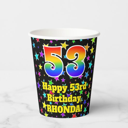53rd Birthday: Fun Stars Pattern and Rainbow 53 Pappbecher (Rückseite)