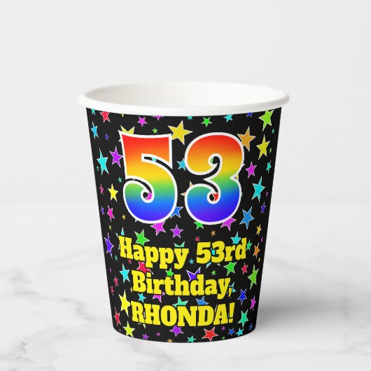 53rd Birthday: Fun Stars Pattern and Rainbow 53 Pappbecher (Vorderseite)