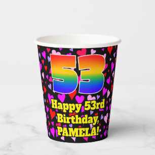 53rd Birthday: Loving Hearts Pattern, Rainbow 53 Pappbecher