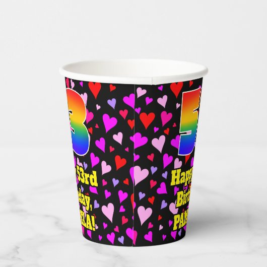 53rd Birthday: Loving Hearts Pattern, Rainbow 53 Pappbecher (Rechts)