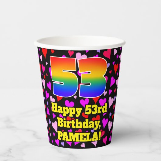 53rd Birthday: Loving Hearts Pattern, Rainbow 53 Pappbecher (Vorderseite)