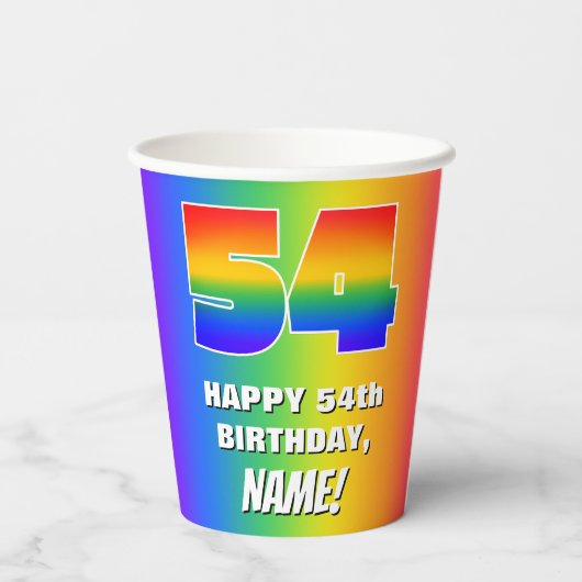 54. Geburtstag: Farbiges, lustiges Regenbogenmuste Pappbecher (Rückseite)